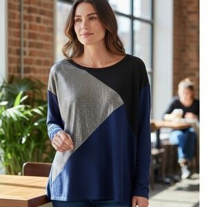 August Silk Womens M Blue & Silver Colorblock Long Sleeve Top